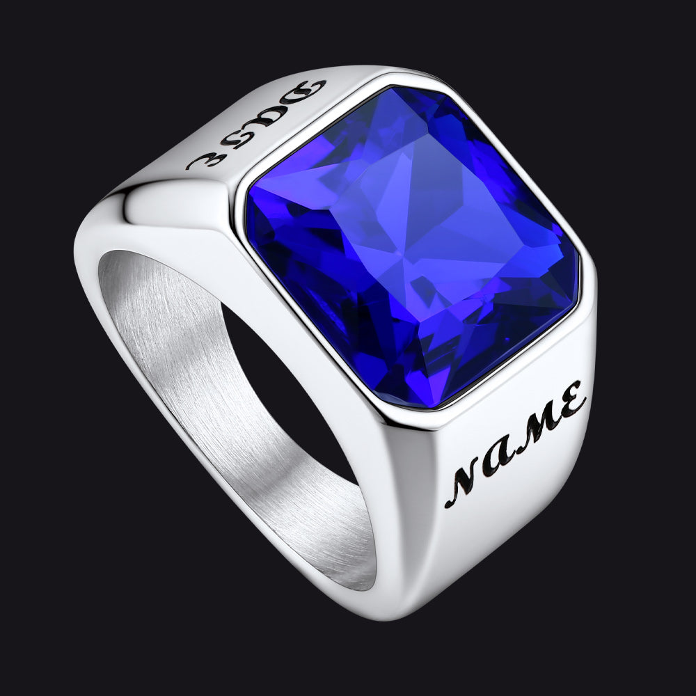 Modern Cz Gemstone Engraved Name Band Ring for Father