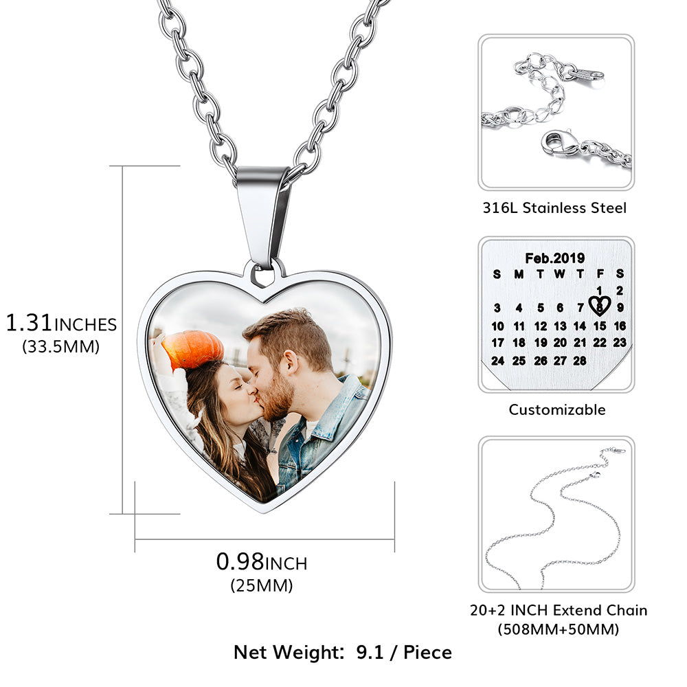 Customized Heart Photo Picture Necklace With Calendar for