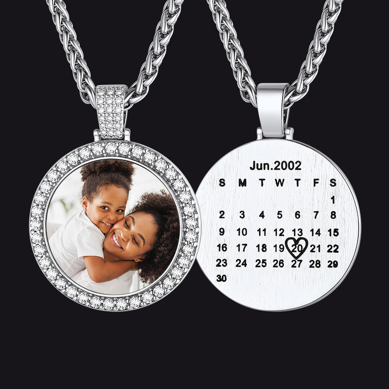 Customized Cz Picture Circle Chain Necklace With Calendar for