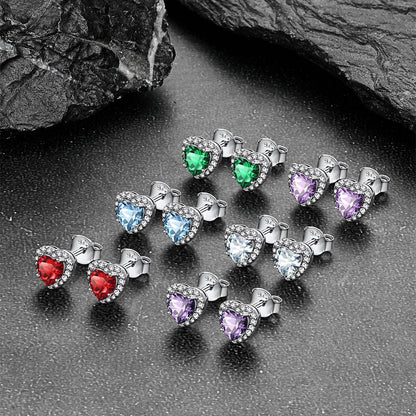 Sterling Silver Birthstone Heart Halo Stud Earrings for