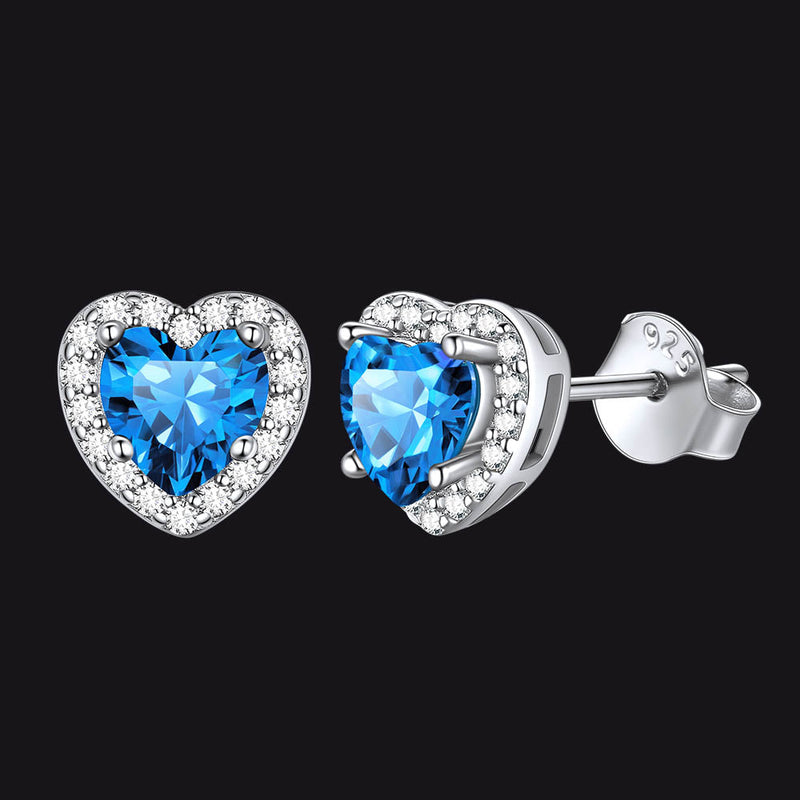 Sterling Silver Birthstone Heart Halo Stud Earrings for