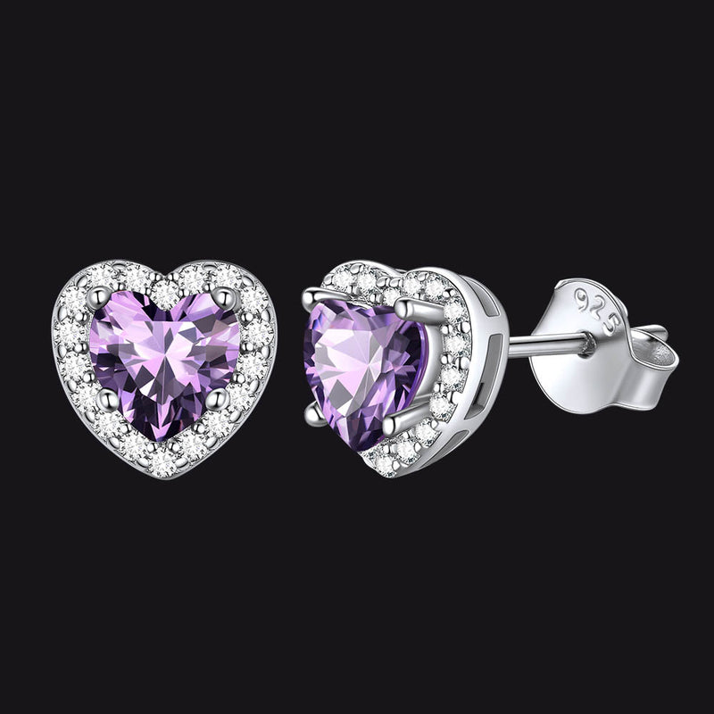 Sterling Silver Birthstone Heart Halo Stud Earrings for