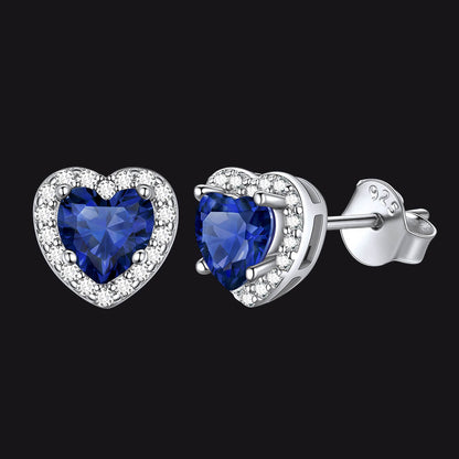Sterling Silver Birthstone Heart Halo Stud Earrings for