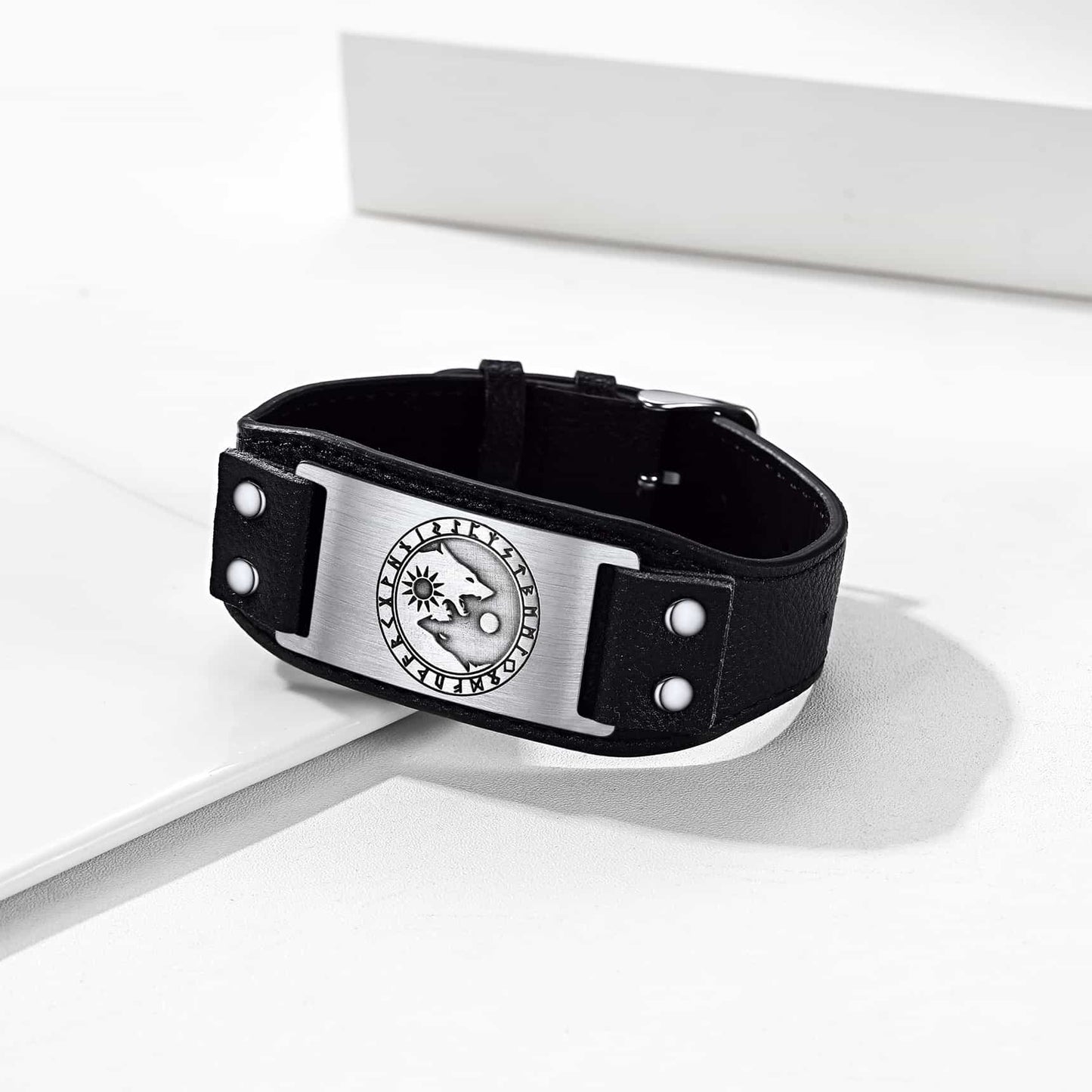 Viking Nordic Wolf Black Leather Bracelet Wristband for