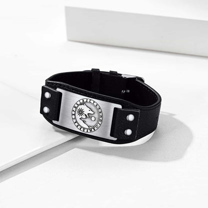 Viking Nordic Wolf Black Leather Bracelet Wristband for