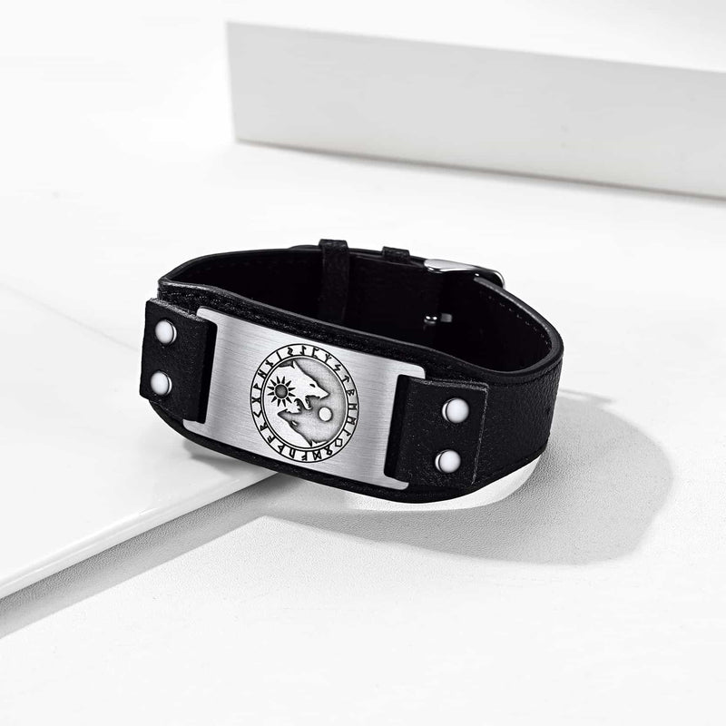 Viking Nordic Wolf Black Leather Bracelet Wristband for