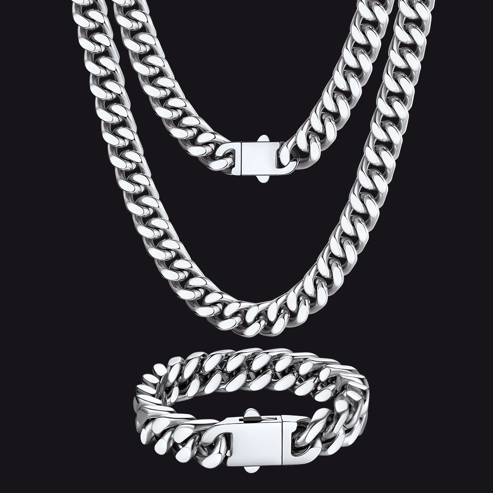 12mm Miami Cuban Chain & Cuban Bracelet Jewelry Set for