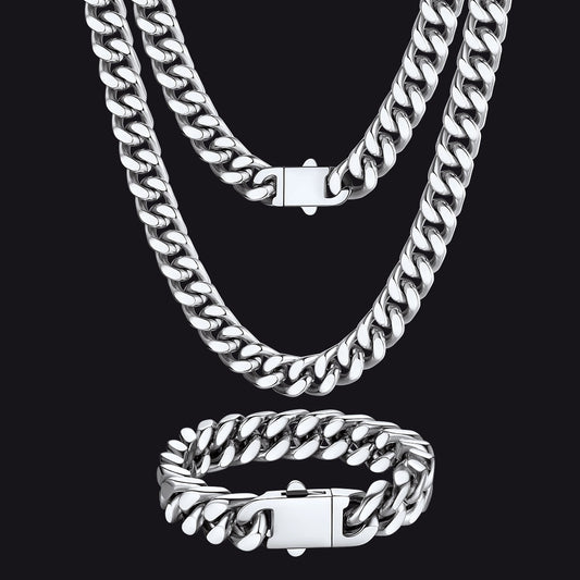 12mm Miami Cuban Chain & Cuban Bracelet Jewelry Set for
