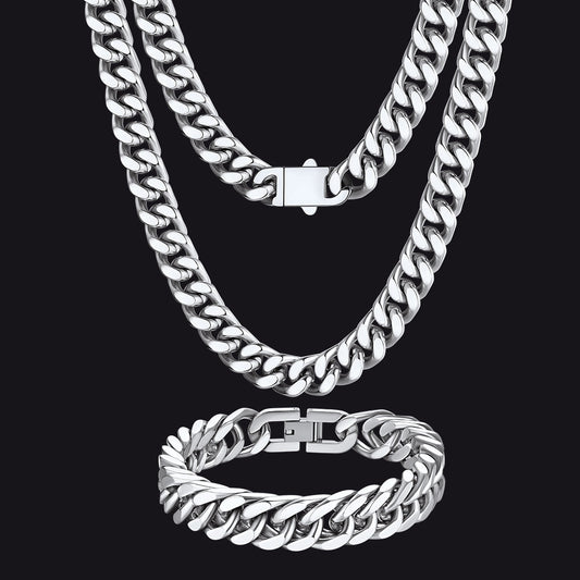 12mm Chunky Cuban Chain & Cuban Bracelet Jewelry Set for