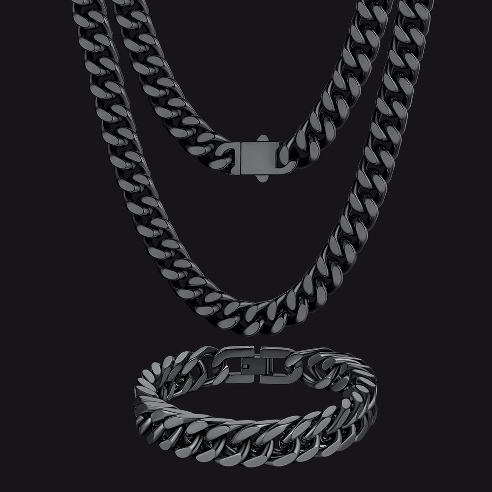 12mm Chunky Cuban Chain & Cuban Bracelet Jewelry Set for