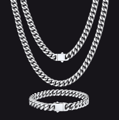 7mm Miami Cuban Link Chain & Bracelet Jewelry Set for