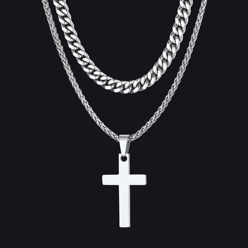 Miami Cuban Chain & Cross Layered Necklaces Set for