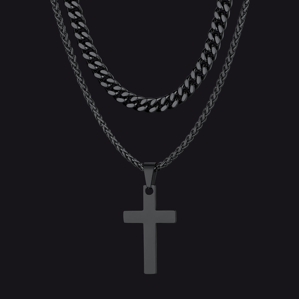 Miami Cuban Chain & Cross Layered Necklaces Set for