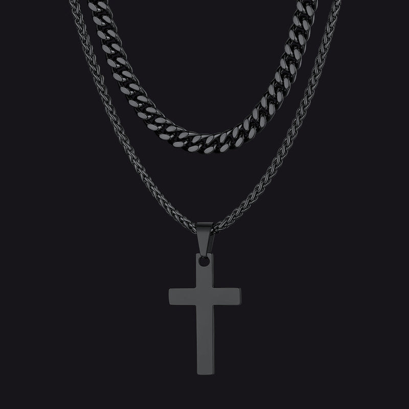 Miami Cuban Chain & Cross Layered Necklaces Set for