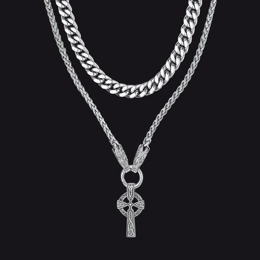 Miami Cuban Chain & Celtic Knot Cross Necklace Set for