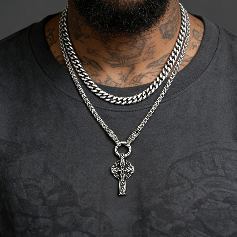 Miami Cuban Chain & Celtic Knot Cross Necklace Set for