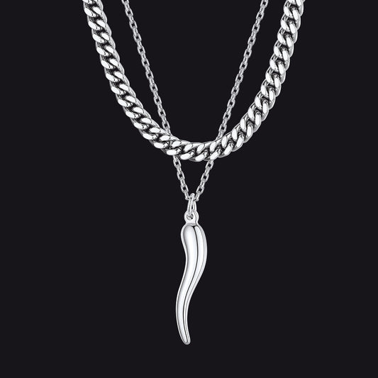 Miami Cuban Chain & Cornicello Italian Horn Pendant Set for
