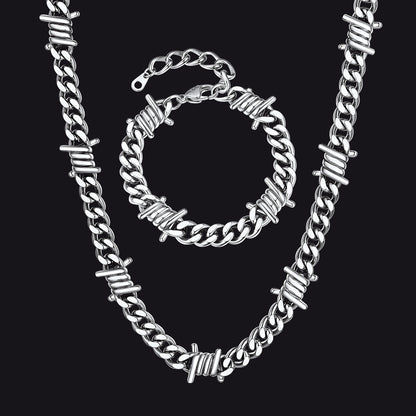 9mm Barbed Wire Cuban Chain & Bracelet Set for