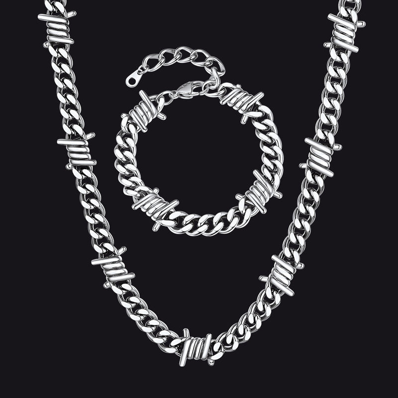 9mm Barbed Wire Cuban Chain & Bracelet Set for