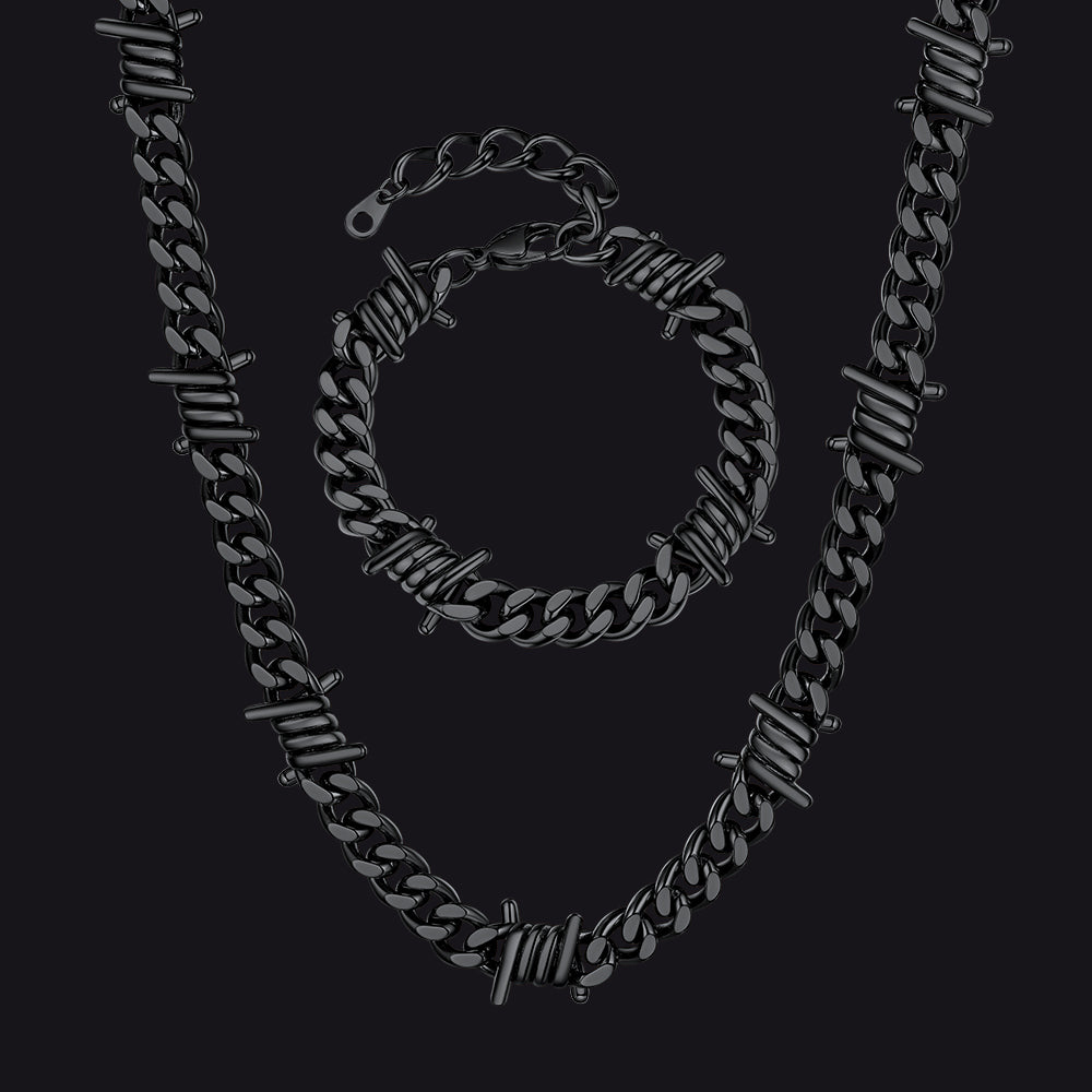 9mm Barbed Wire Cuban Chain & Bracelet Set for