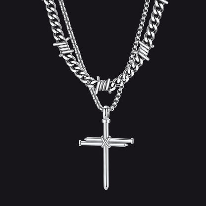 Barbed Wire Cuban Chain & Nail Cross Layered Necklaces Set for