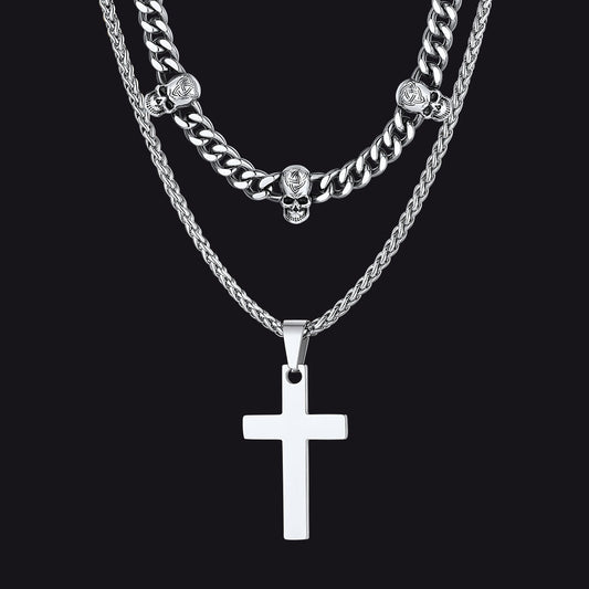 Gothic Skull Cuban Chain & Cross Layered Pendant Set for