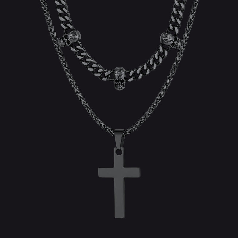 Gothic Skull Cuban Chain & Cross Layered Pendant Set for