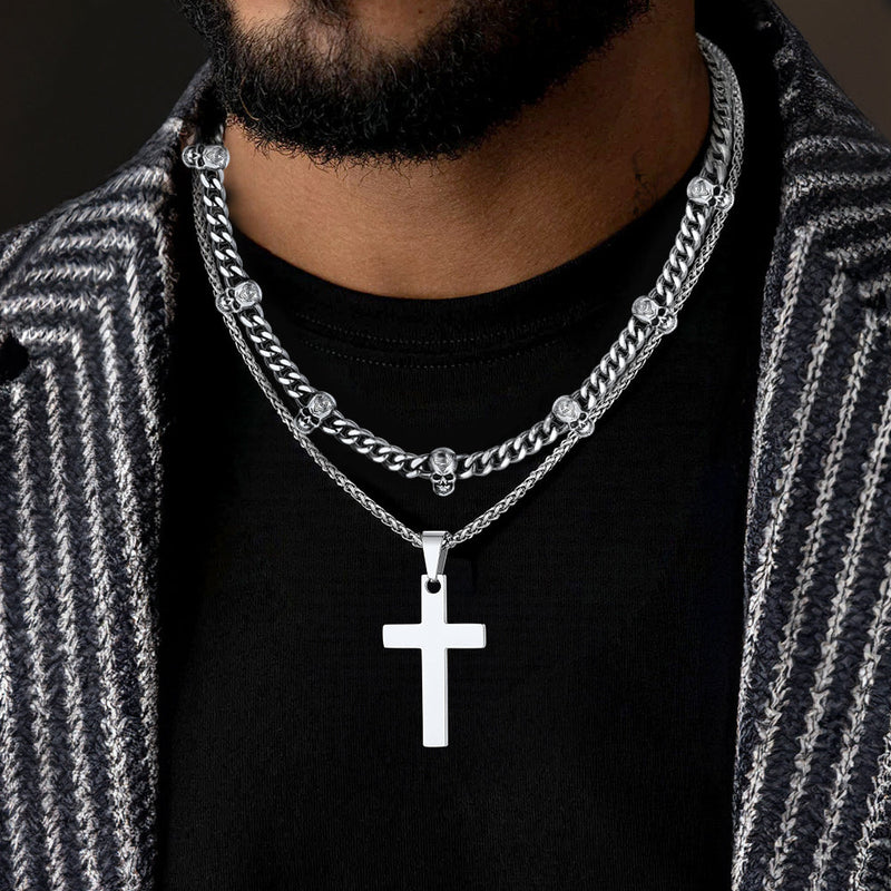 Gothic Skull Cuban Chain & Cross Layered Pendant Set for