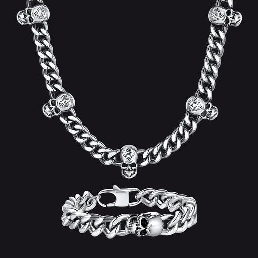 Gothic Skull Cuban Link Choker Chain & Bracelet Jewelry Set for