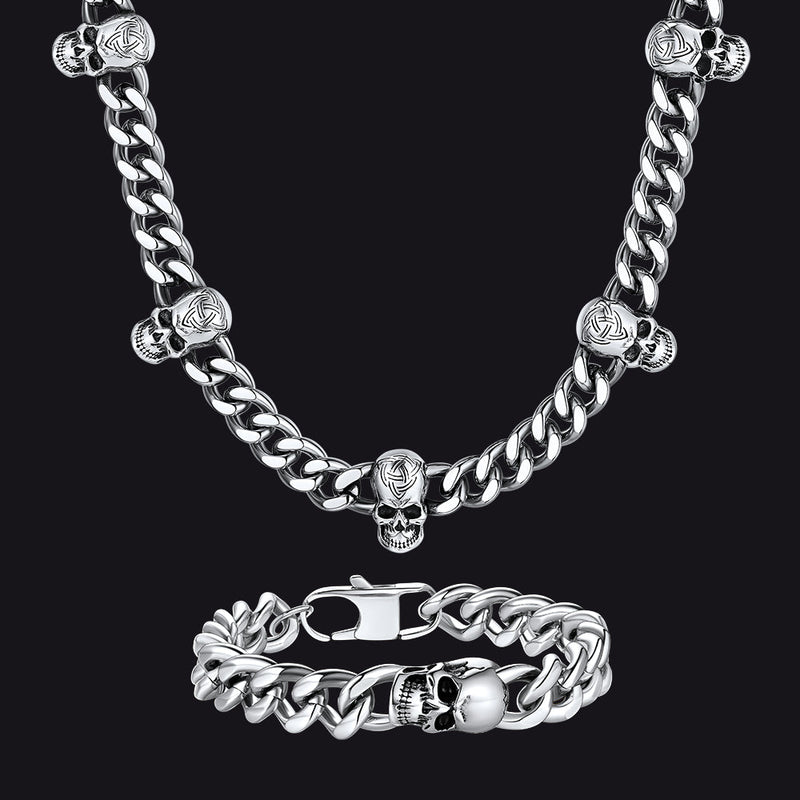 Gothic Skull Cuban Link Choker Chain & Bracelet Jewelry Set for