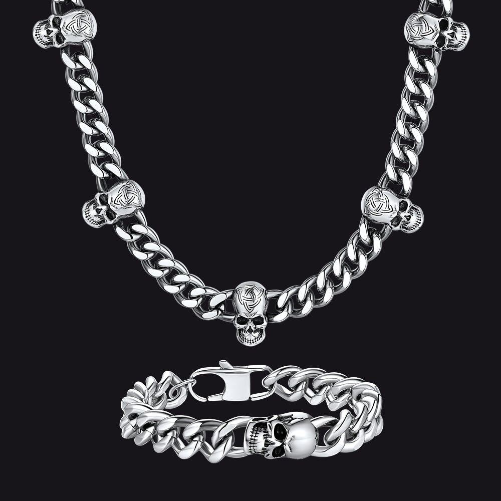 Gothic Skull Cuban Link Choker Chain & Bracelet Jewelry Set for