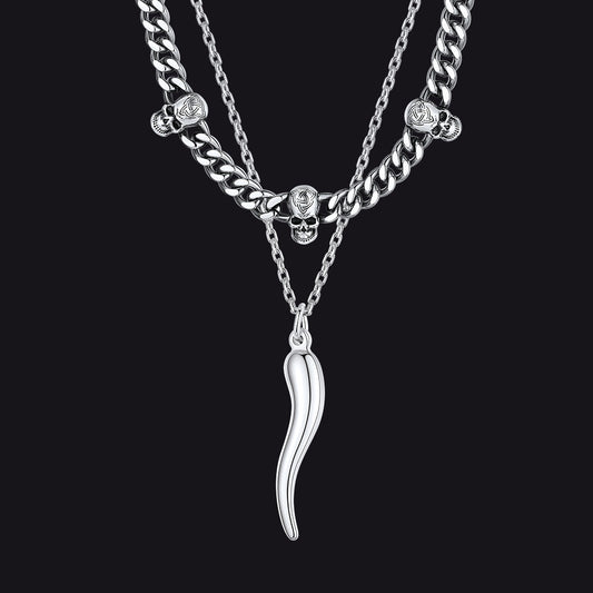 Gothic Skull Cuban Chain & Cornicello Italian Horn Layered Pendant Set for