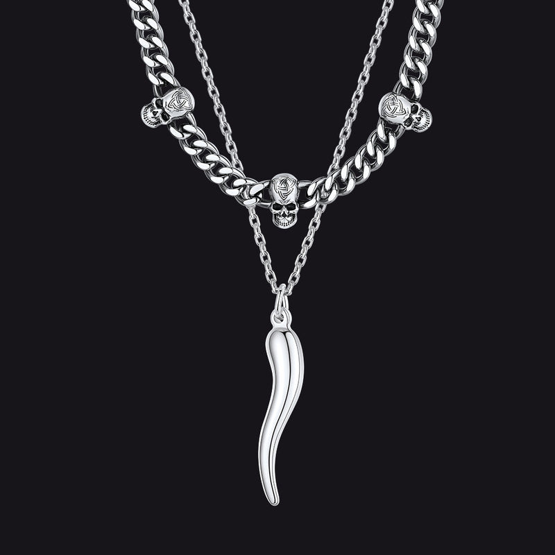 Gothic Skull Cuban Chain & Cornicello Italian Horn Layered Pendant Set for