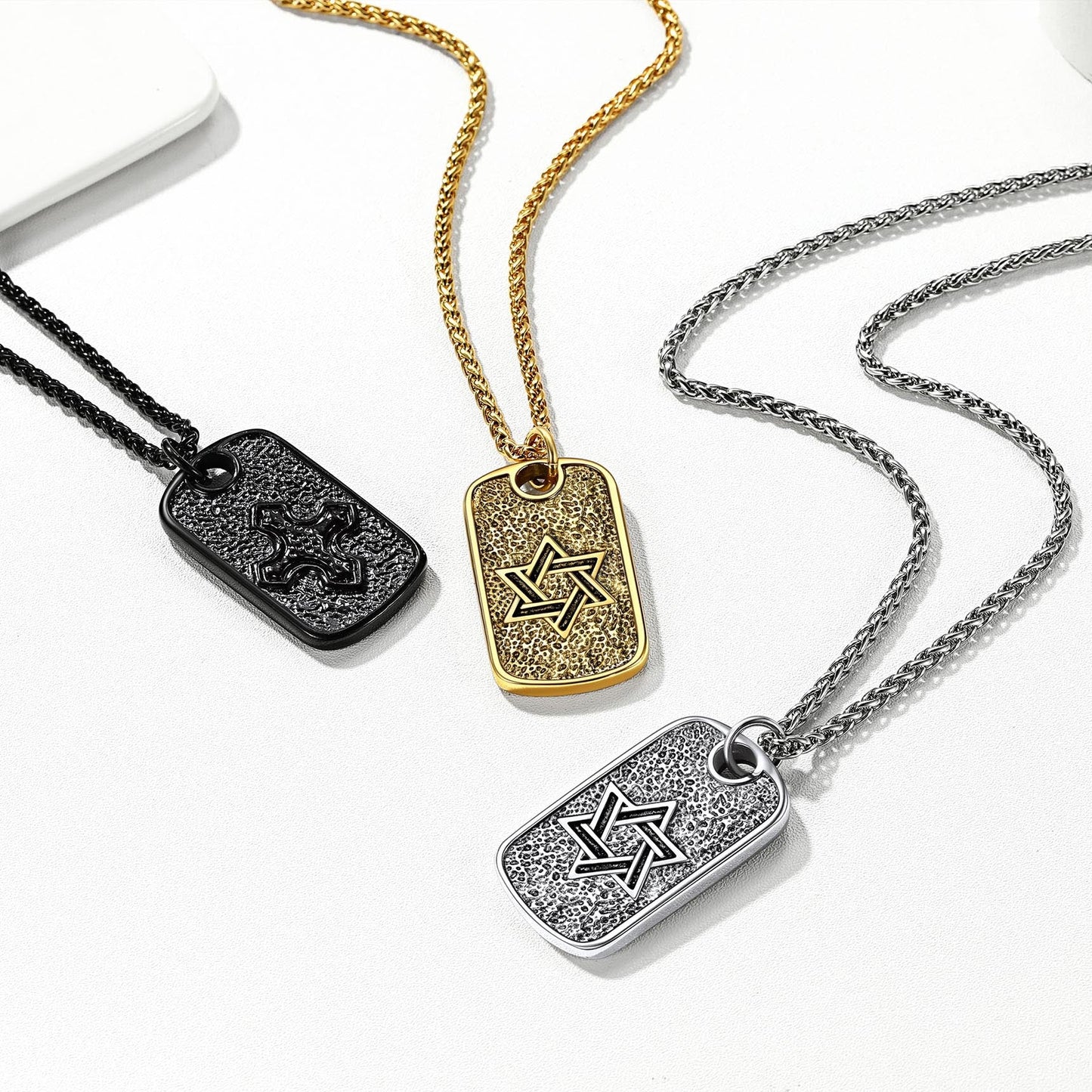Hebrew Jewish Star of David Dog Tag Necklace With Knight Cross