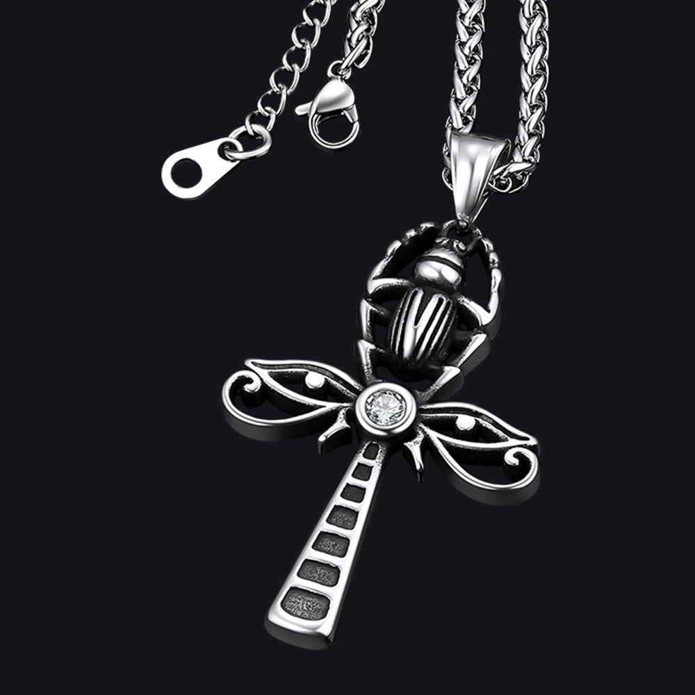 Egyptian Scarab Ankh Cross Necklace for