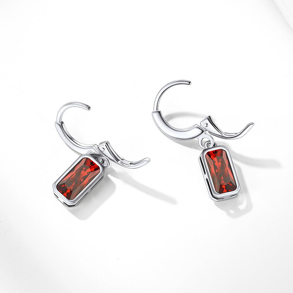 Silver Square Birthstone Dangle Hoop Earrings for