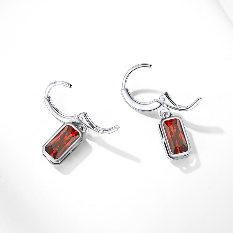 Silver Square Birthstone Dangle Hoop Earrings for