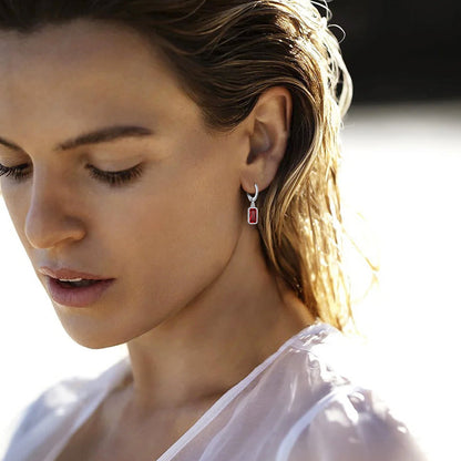 Silver Square Birthstone Dangle Hoop Earrings for