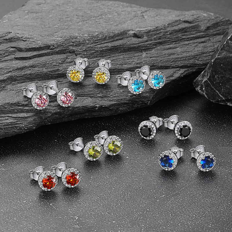 S925 Silver Cz Birthstone Stud Halo Earrings for