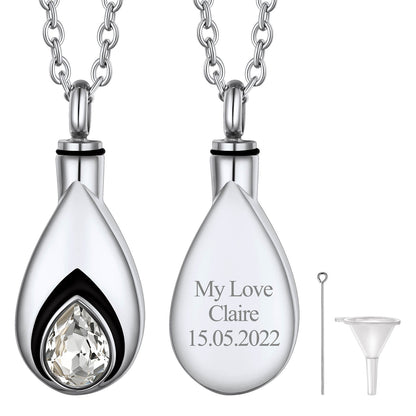 Custom Cremation Tear Drop Birthstone Urn Ashes Necklace for
