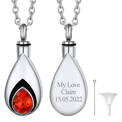 Custom Cremation Tear Drop Birthstone Urn Ashes Necklace for