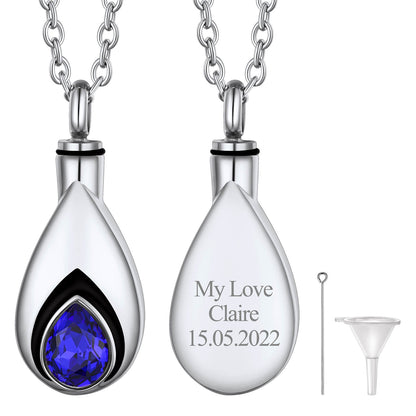 Custom Cremation Tear Drop Birthstone Urn Ashes Necklace for