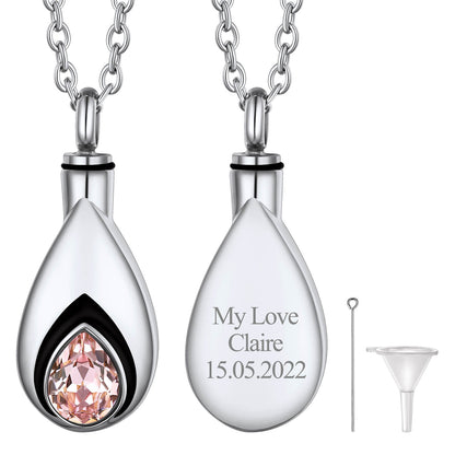 Custom Cremation Tear Drop Birthstone Urn Ashes Necklace for