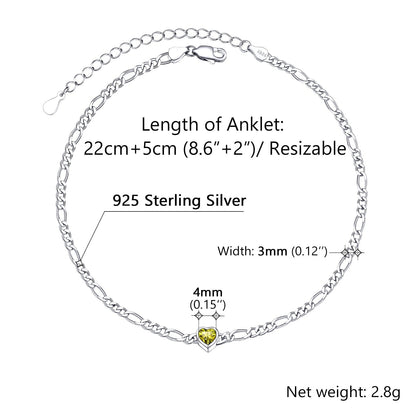 Personalized Sterling Silver Birthstone Dainty Heart Anklet for