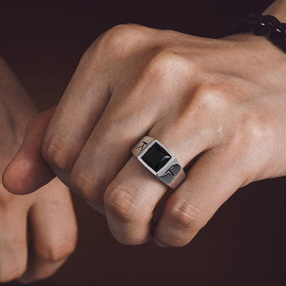 Custom Square Black Gemstone Signet Ring for