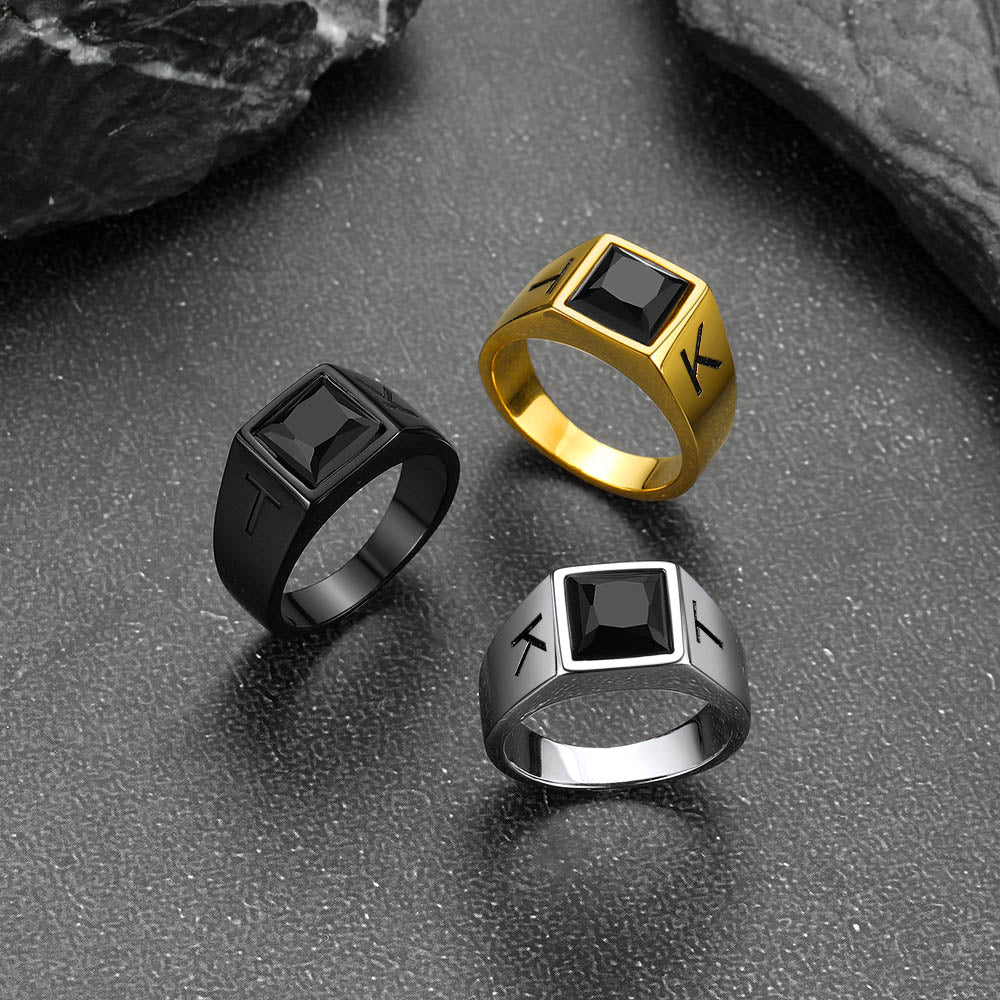 Custom Square Black Gemstone Signet Ring for