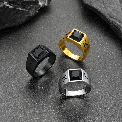 Custom Square Black Gemstone Signet Ring for