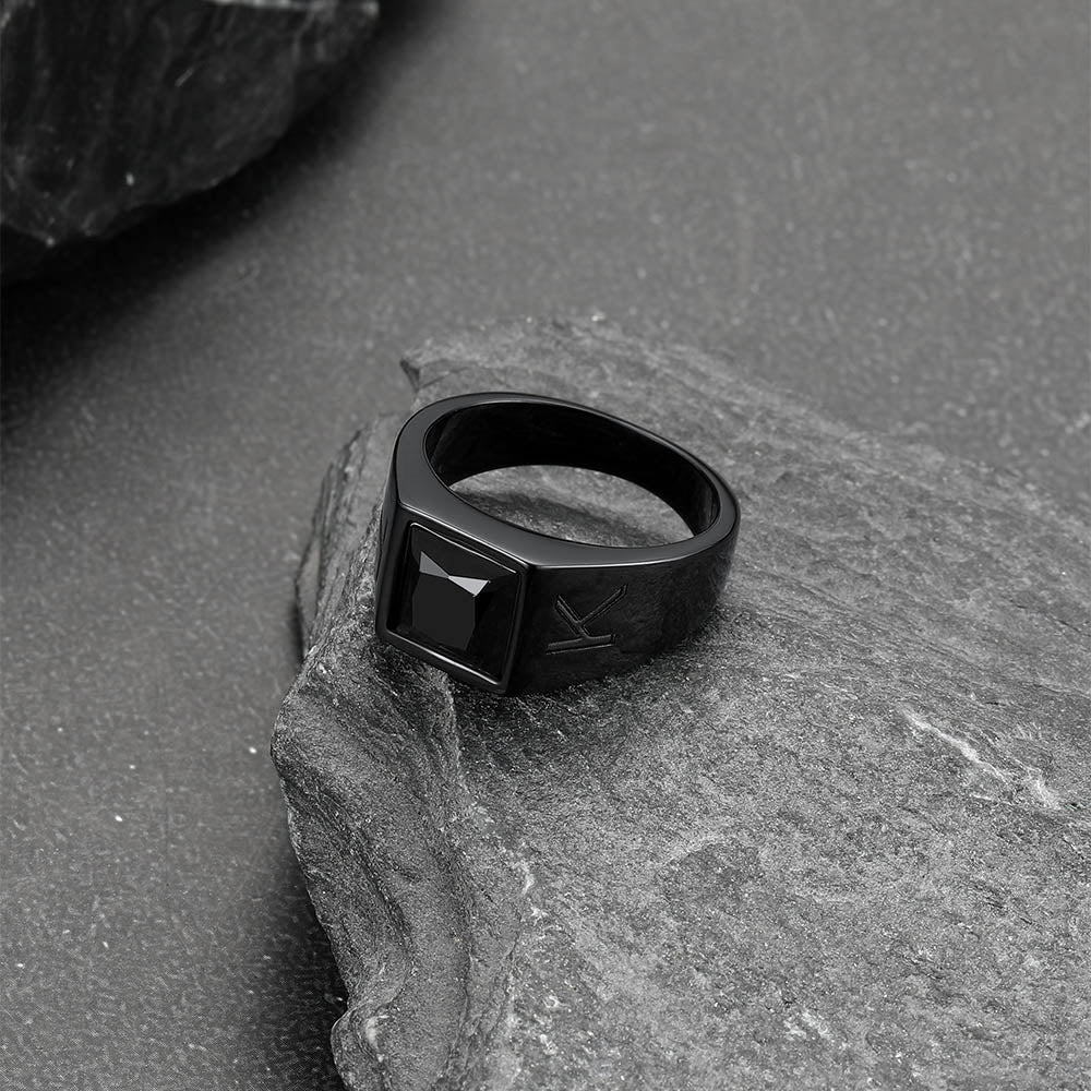 Custom Square Black Gemstone Signet Ring for