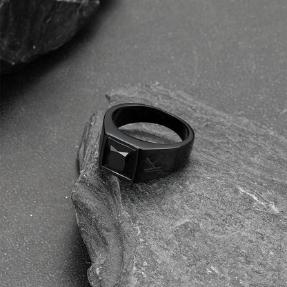 Custom Square Black Gemstone Signet Ring for