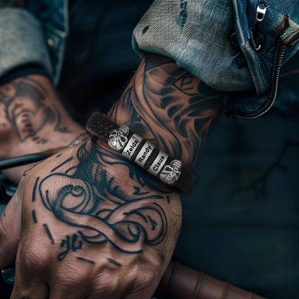 Personalized Name Beads Leather Bracelet With Skull for